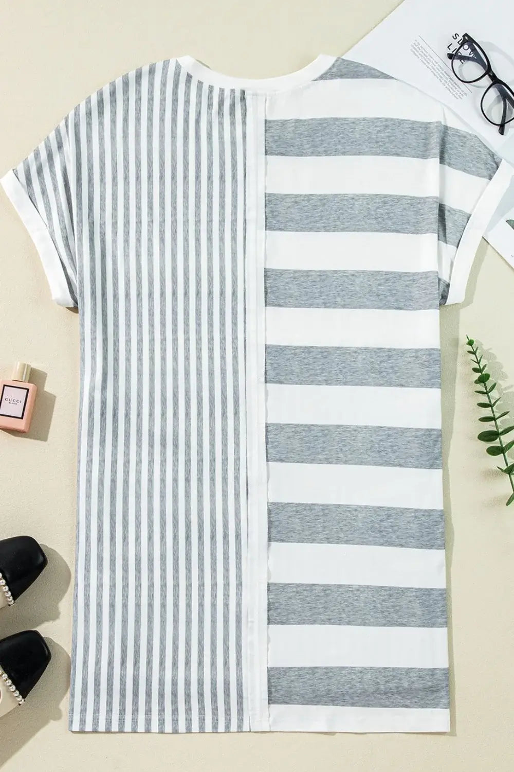 Stripe Mixed Short Sleeve Shift Mini Tee Dress - Trendsi - Flyclothing LLC