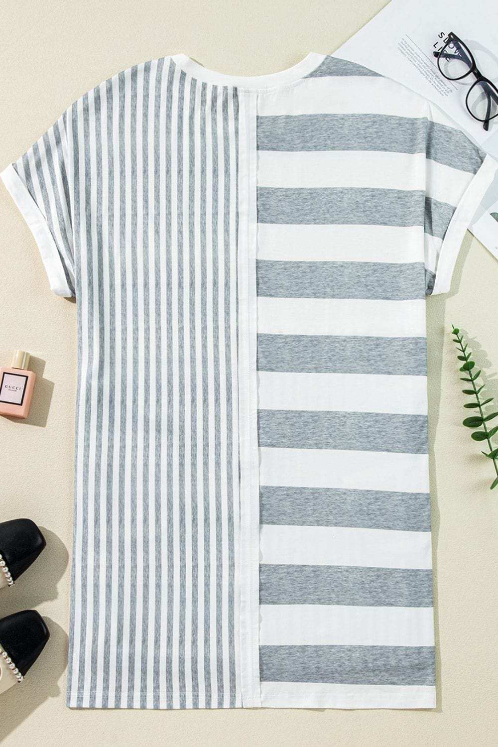 Stripe Mixed Short Sleeve Shift Mini Tee Dress - Trendsi - Flyclothing LLC