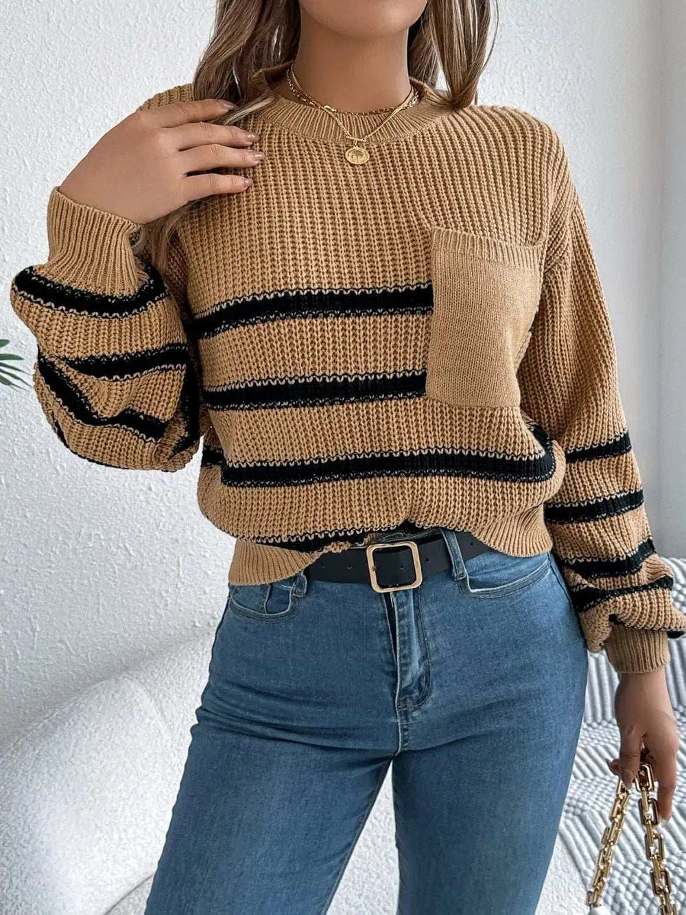 Striped Round Neck Long Sleeve Sweater - Trendsi - Flyclothing LLC