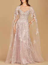 Lace Gown with Cape Sleeves, Sweetheart Neckline | 29300