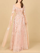 Lace Gown with Cape Sleeves, Sweetheart Neckline | 29300