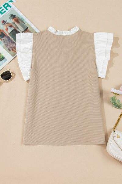 Ruffled Notched Cap Sleeve Top - Trendsi - Flyclothing LLC