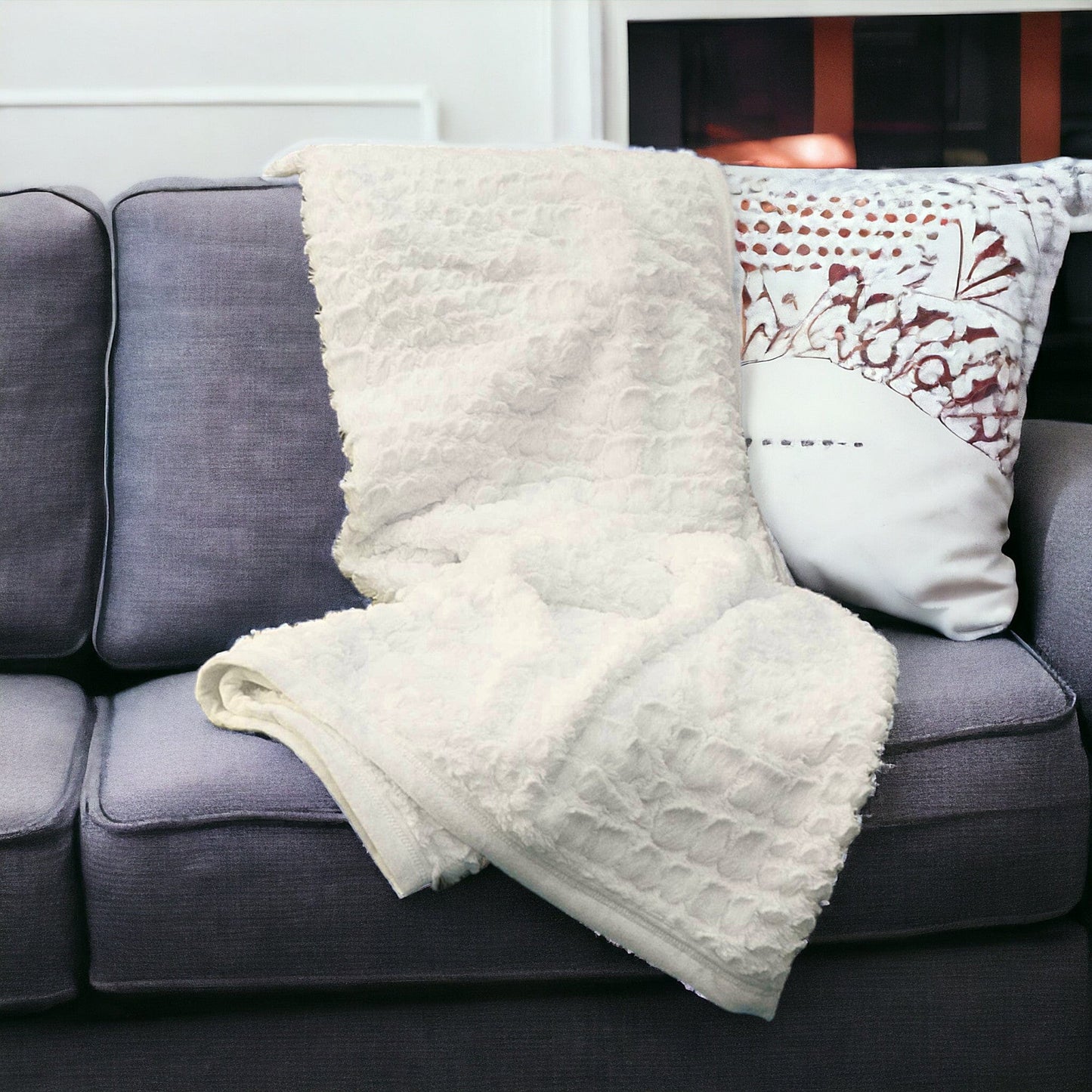 50" X 70" Ivory Faux Fur Plush Throw Blanket with Embroidery - Homeroots - Flyclothing LLC
