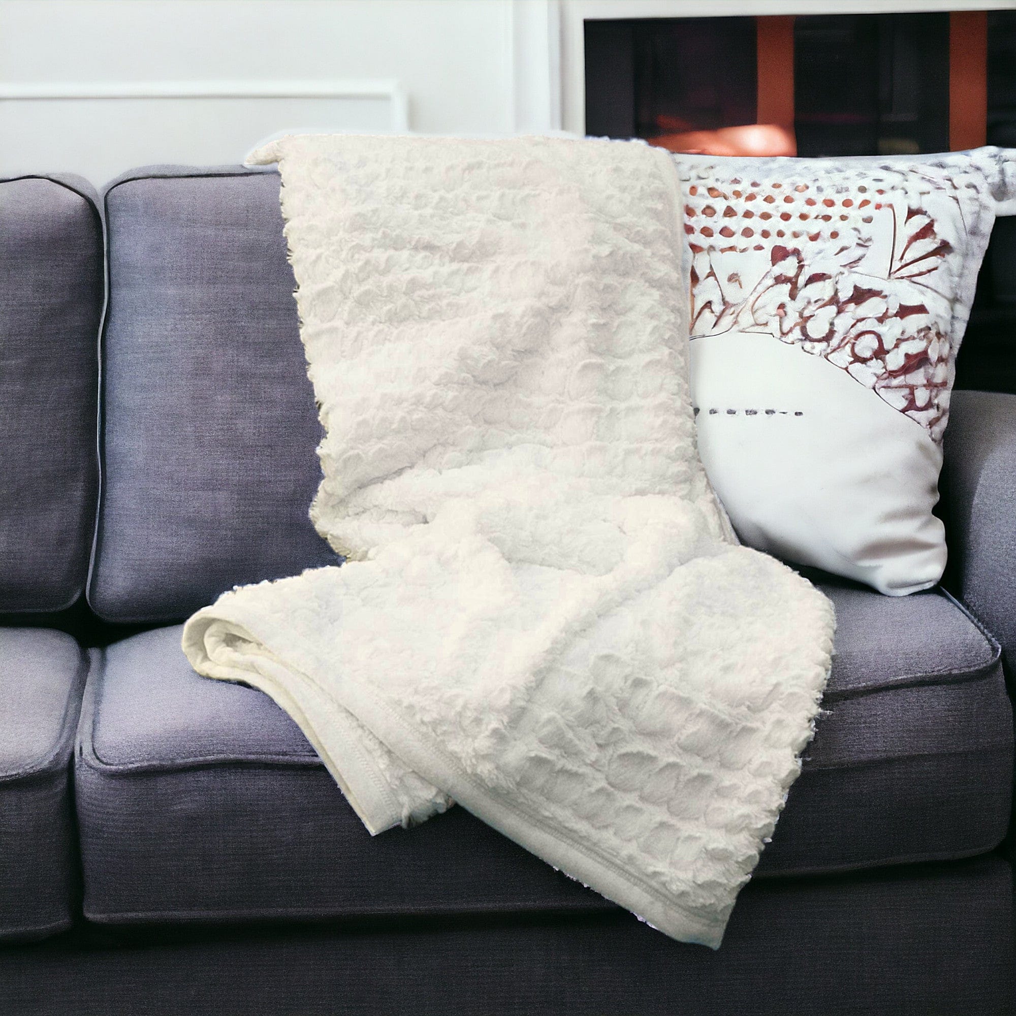 50" X 70" Ivory Faux Fur Plush Throw Blanket with Embroidery - Homeroots - Flyclothing LLC