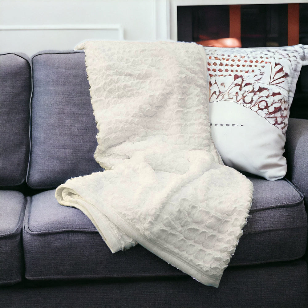 50" X 70" Ivory Faux Fur Plush Throw Blanket with Embroidery - Homeroots - Flyclothing LLC