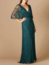 Illusion Cape Sleeve Beaded Gown
