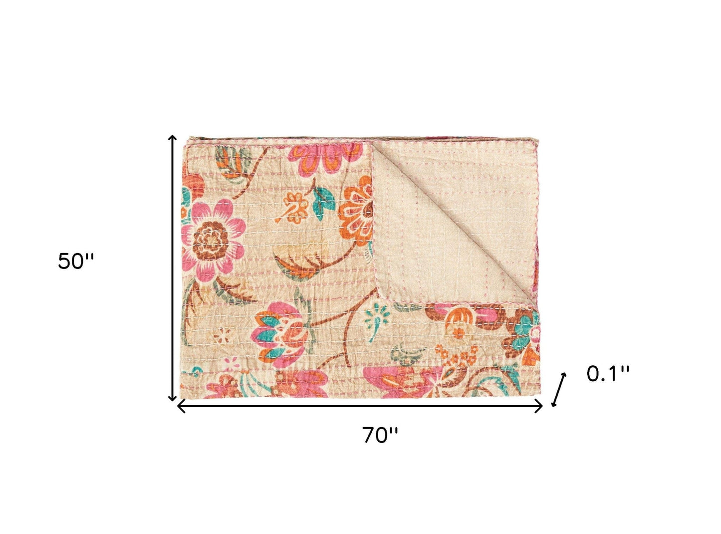 70" X 50" Beige Pink Orange and Green Kantha Cotton Floral Throw Blanket with Embroidery - Homeroots - Flyclothing LLC
