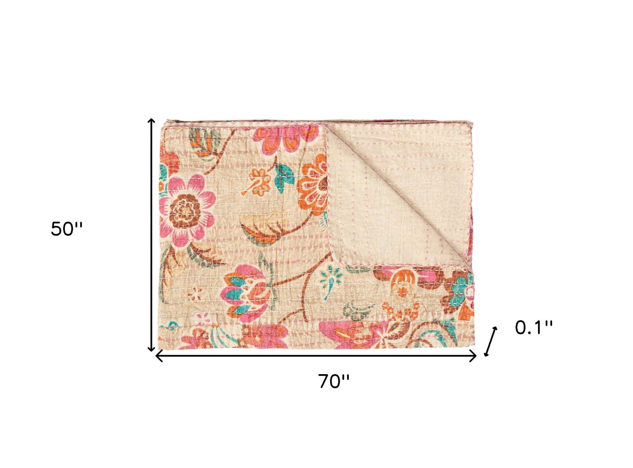 70" X 50" Beige Pink Orange and Green Kantha Cotton Floral Throw Blanket with Embroidery - Homeroots - Flyclothing LLC