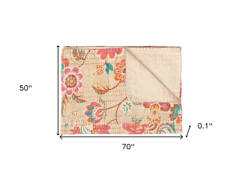 70" X 50" Beige Pink Orange and Green Kantha Cotton Floral Throw Blanket with Embroidery - Homeroots - Flyclothing LLC