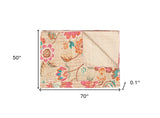 70" X 50" Beige Pink Orange and Green Kantha Cotton Floral Throw Blanket with Embroidery - Homeroots - Flyclothing LLC