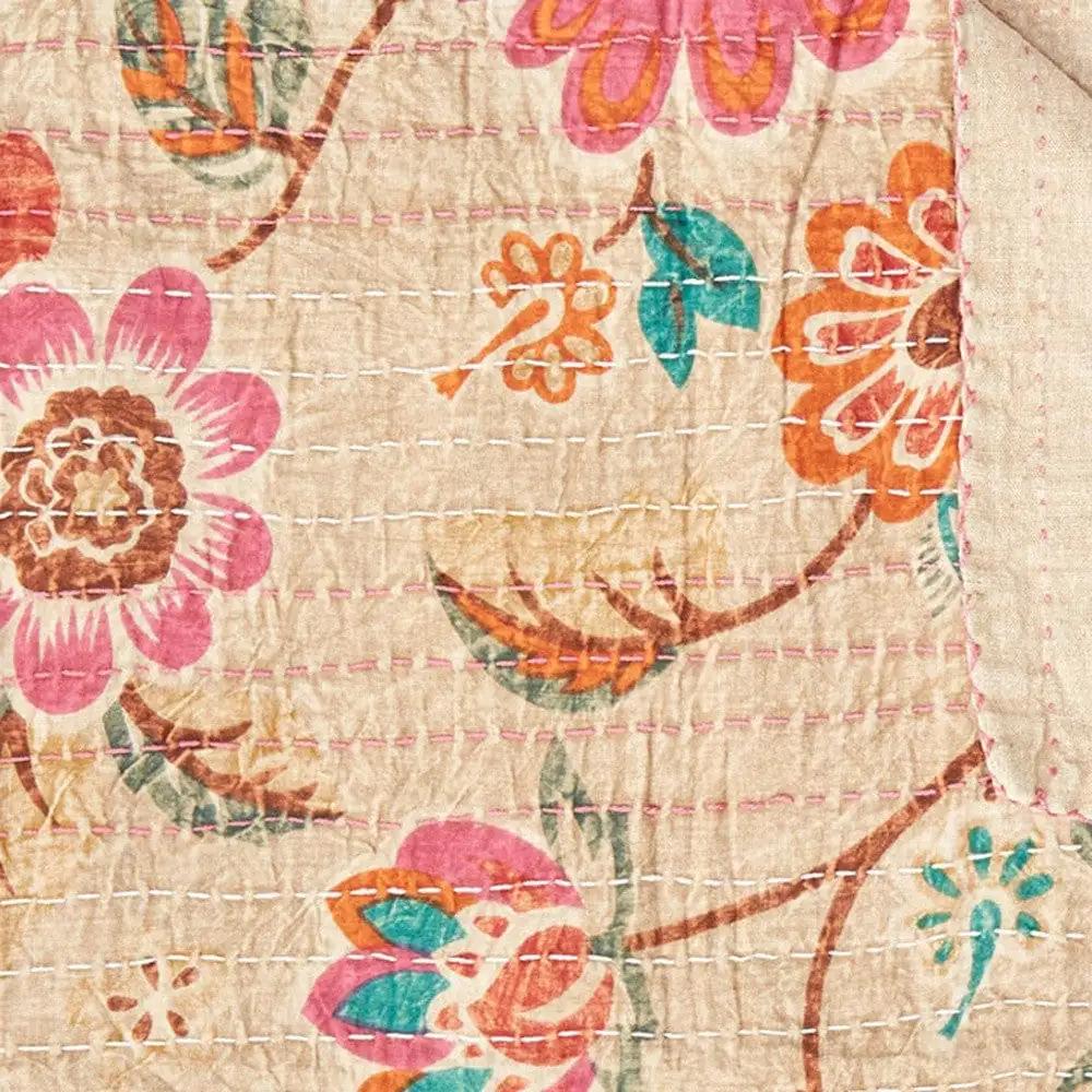 70" X 50" Beige Pink Orange and Green Kantha Cotton Floral Throw Blanket with Embroidery - Homeroots - Flyclothing LLC