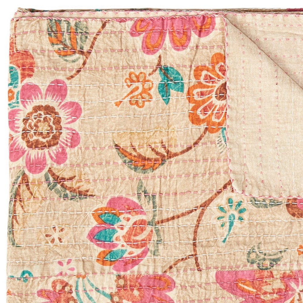 70" X 50" Beige Pink Orange and Green Kantha Cotton Floral Throw Blanket with Embroidery - Homeroots - Flyclothing LLC