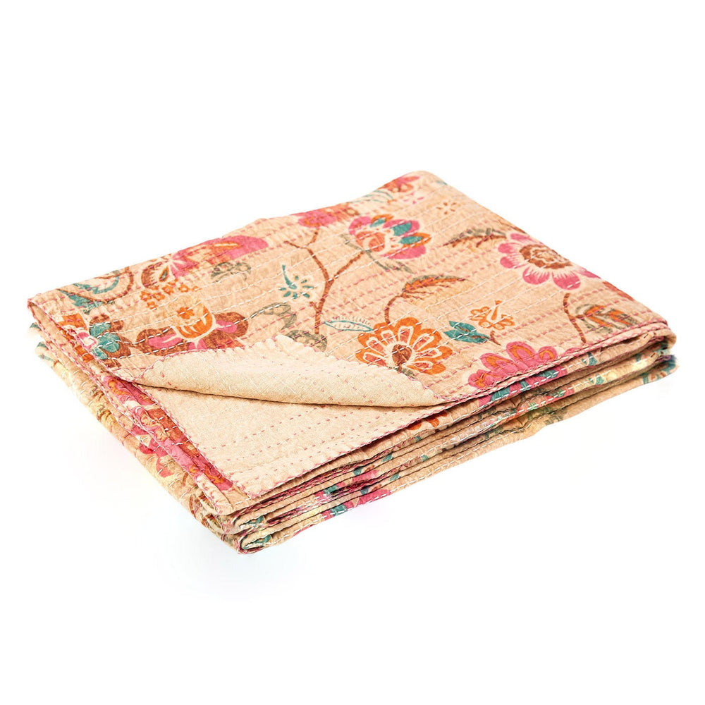 70" X 50" Beige Pink Orange and Green Kantha Cotton Floral Throw Blanket with Embroidery - Homeroots - Flyclothing LLC