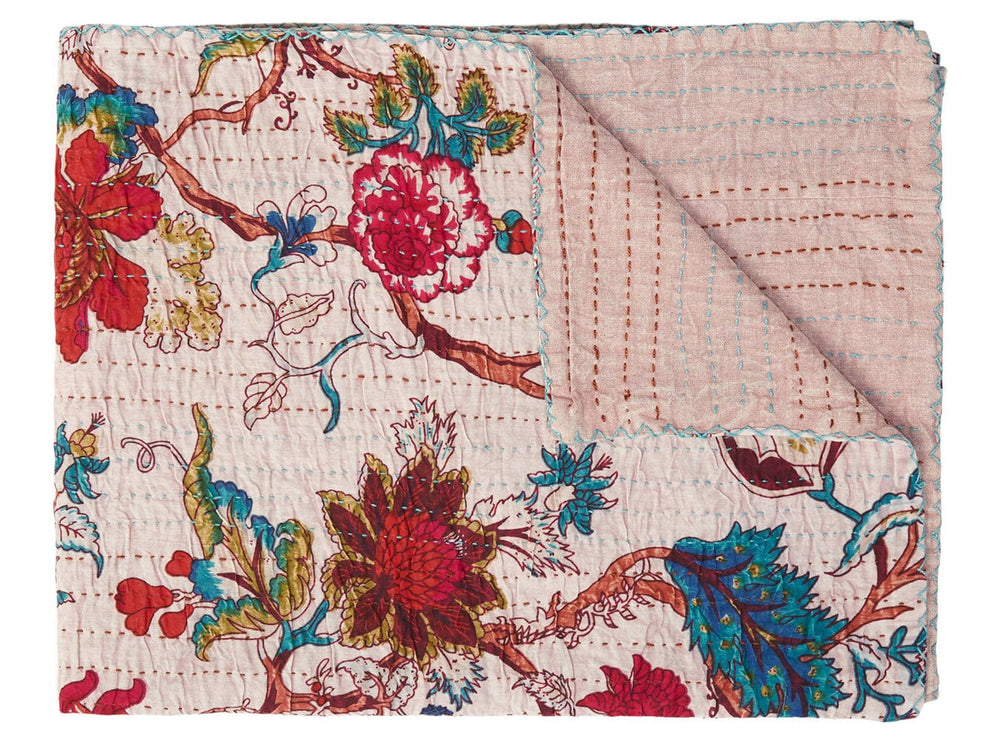50" X 70" Pink and Red Kantha Cotton Floral Throw Blanket with Embroidery - Homeroots