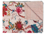 50" X 70" Pink and Red Kantha Cotton Floral Throw Blanket with Embroidery - Homeroots