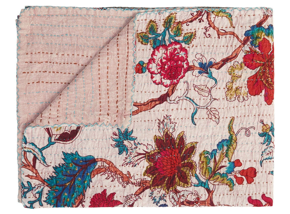 50" X 70" Pink and Red Kantha Cotton Floral Throw Blanket with Embroidery - Homeroots - Flyclothing LLC