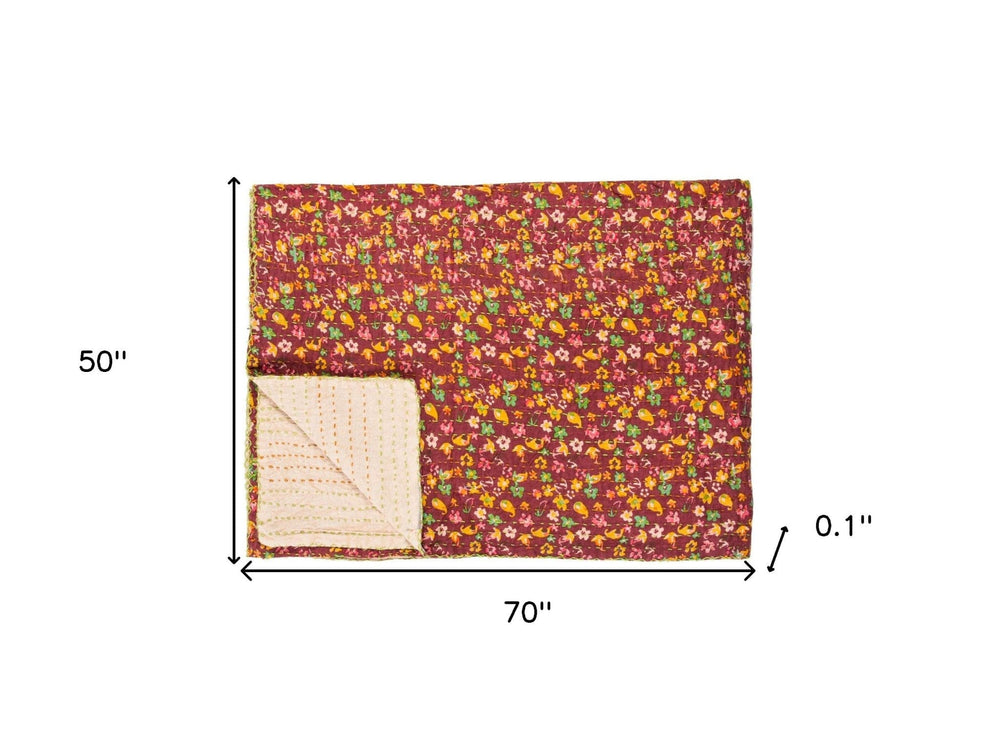50" X 70" Maroon Yellow and Green Kantha Cotton Floral Throw Blanket with Embroidery - Homeroots - Flyclothing LLC