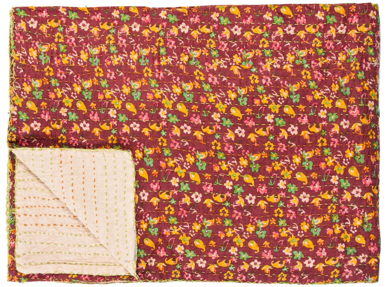 50" X 70" Maroon Yellow and Green Kantha Cotton Floral Throw Blanket with Embroidery - Homeroots - Flyclothing LLC