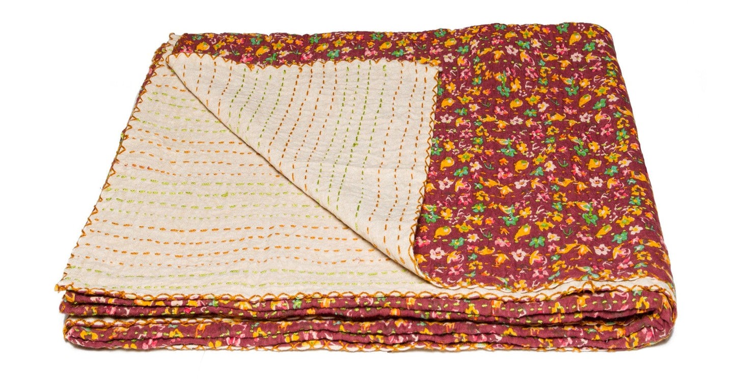 50" X 70" Maroon Yellow and Green Kantha Cotton Floral Throw Blanket with Embroidery - Homeroots - Flyclothing LLC