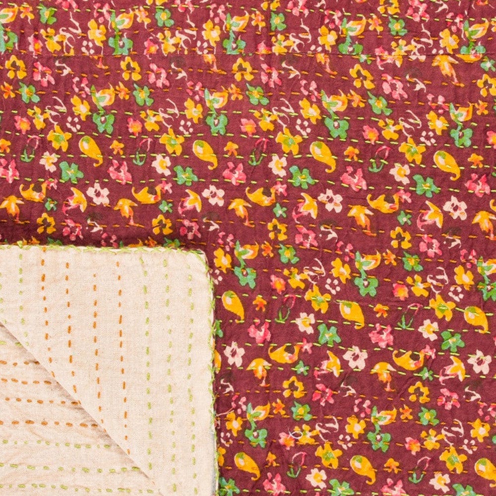 50" X 70" Maroon Yellow and Green Kantha Cotton Floral Throw Blanket with Embroidery - Homeroots - Flyclothing LLC