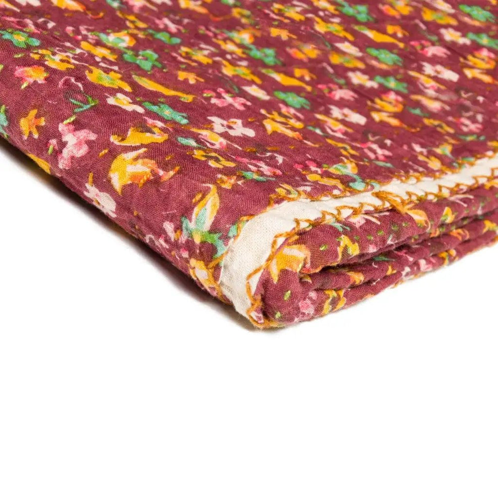 50" X 70" Maroon Yellow and Green Kantha Cotton Floral Throw Blanket with Embroidery - Homeroots - Flyclothing LLC