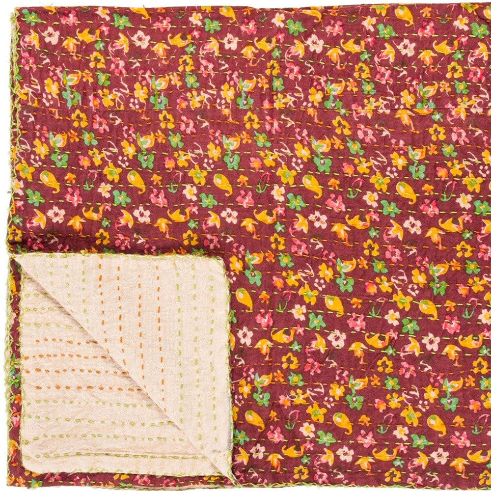 50" X 70" Maroon Yellow and Green Kantha Cotton Floral Throw Blanket with Embroidery - Homeroots - Flyclothing LLC
