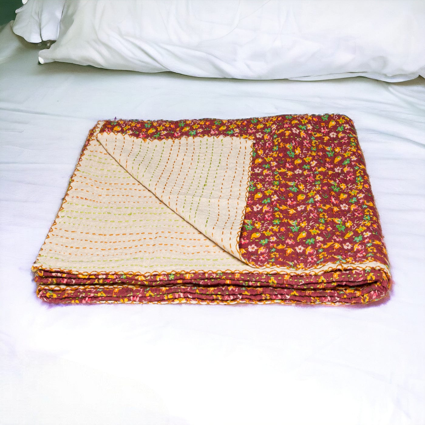 50" X 70" Maroon Yellow and Green Kantha Cotton Floral Throw Blanket with Embroidery - Homeroots - Flyclothing LLC