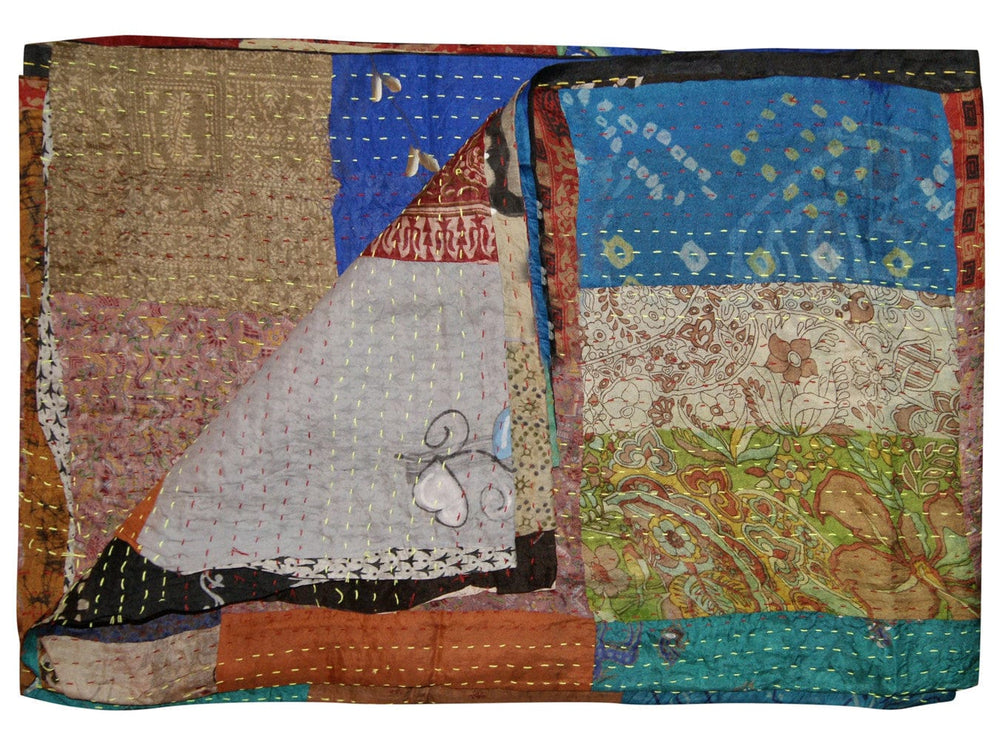 90" X 60" Blue Brown and Green Kantha Cotton Patchwork Throw Blanket with Embroidery - Homeroots