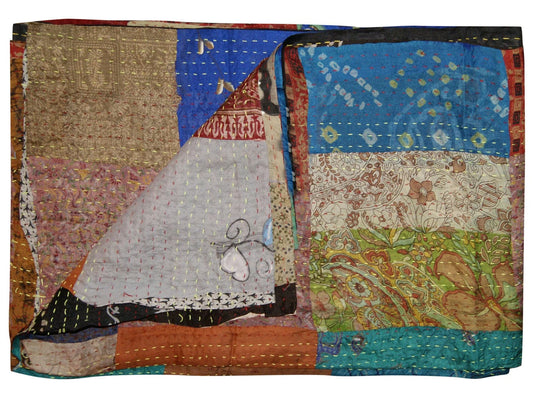 90" X 60" Blue Brown and Green Kantha Cotton Patchwork Throw Blanket with Embroidery - Homeroots
