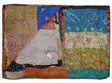 90" X 60" Blue Brown and Green Kantha Cotton Patchwork Throw Blanket with Embroidery - Homeroots