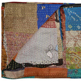 90" X 60" Blue Brown and Green Kantha Cotton Patchwork Throw Blanket with Embroidery - Homeroots