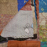 90" X 60" Blue Brown and Green Kantha Cotton Patchwork Throw Blanket with Embroidery - Homeroots