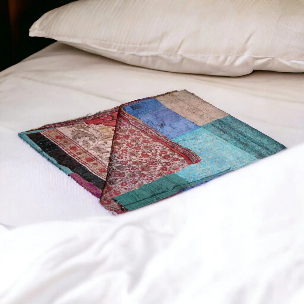 60" X 90" Blue Brown and Green Kantha Cotton Patchwork Throw Blanket with Embroidery - Homeroots - Flyclothing LLC