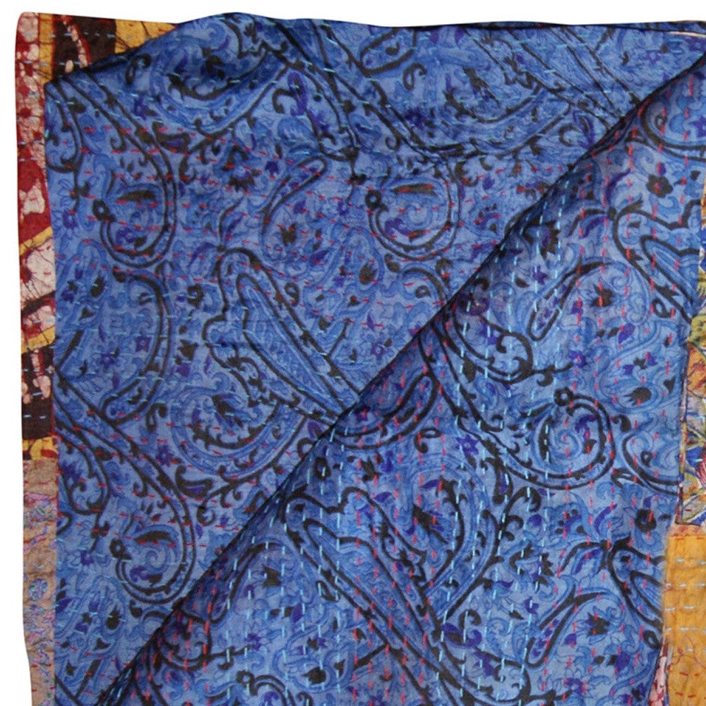 60" X 90" Blue and Yellow Kantha Cotton Patchwork Throw Blanket with Embroidery - Homeroots - Flyclothing LLC