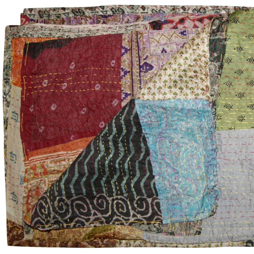 60" X 90" Blue Black and Brown Kantha Cotton Patchwork Throw Blanket with Embroidery - Homeroots - Flyclothing LLC