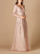 Long Sleeve V-Neck Lace Gown