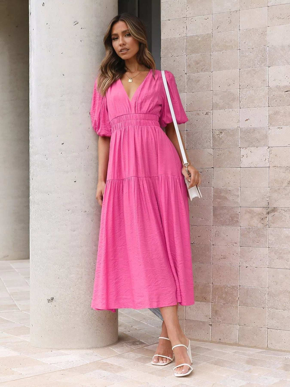 Tiered Puff Sleeve Midi Dress - Trendsi - Flyclothing LLC