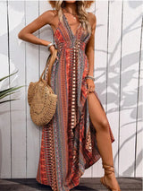 Tied Back Printed Sleeveless Maxi Slit Dress - Trendsi - Flyclothing LLC