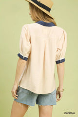 Umgee Embroidered Puff Sleeve Contrast Trim Top - Trendsi - Flyclothing LLC
