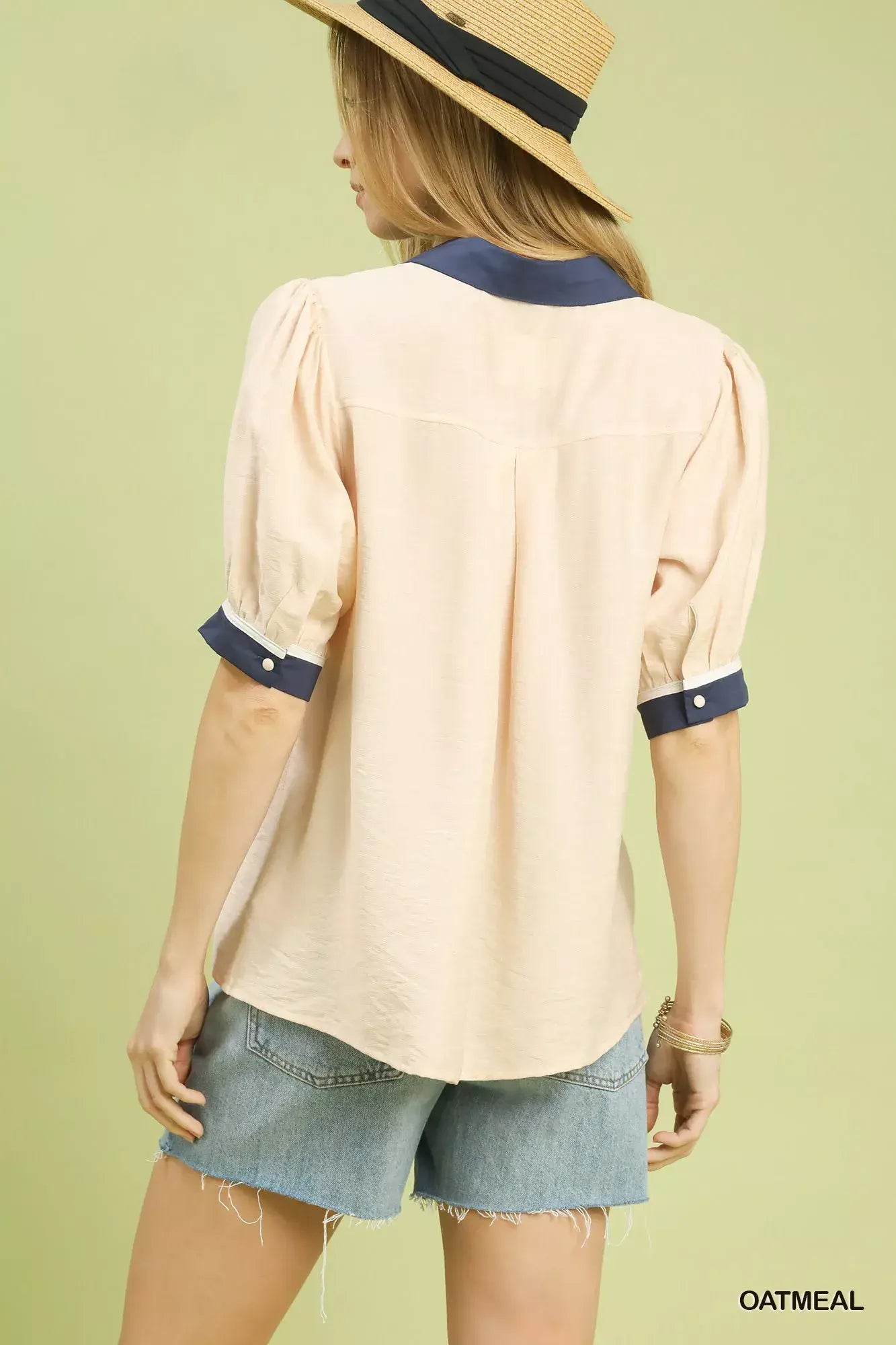 Umgee Embroidered Puff Sleeve Contrast Trim Top - Trendsi - Flyclothing LLC