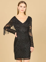 Long Sleeve Beaded V-Neck Fringe Cocktail Mini OUTLET