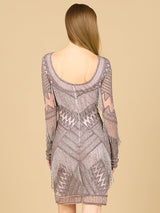 Long Sleeve Beaded V-Neck Fringe Cocktail Mini OUTLET