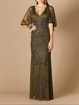 Cape Sleeve V-Neck Beaded Gown