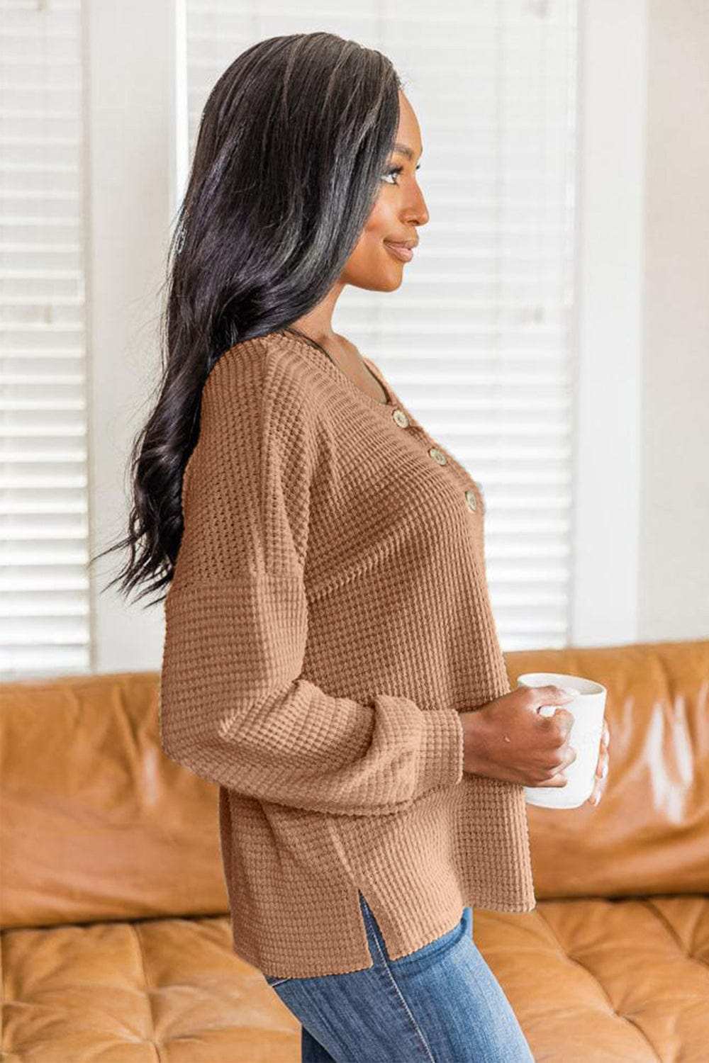 Slit Waffle Knit Long Sleeve T-Shirt - Trendsi - Flyclothing LLC