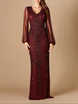 Long Flutter Sleeves Beaded Dress