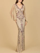 Long Flutter Sleeves Beaded Dress