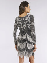 Lara 29377 - Long Sleeve Beaded V-Neck Fringe Cocktail Dress