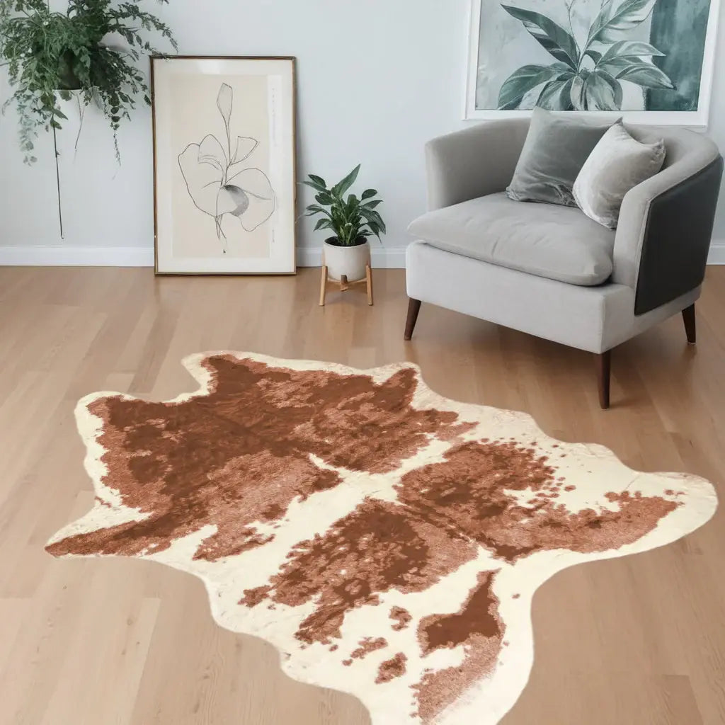 4' X 5' Brown and Ivory Faux Cowhide Animal Print Printed Area Rug - Homeroots - Flyclothing LLC