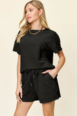 Double Take Full Size Texture Short Sleeve T-Shirt and Drawstring Shorts Set - Trendsi - Flyclothing LLC