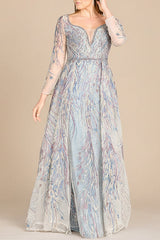 Long Sleeve Contrast Embroidered Gown with Overskirt